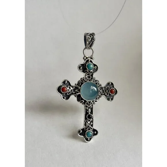 Handcrafted Agate Cut Gemstone Cross 925 Sterling Silver - Picture 7 of 16